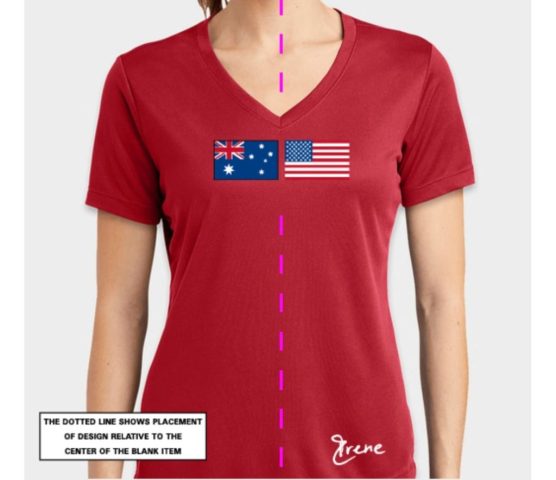 Female V Shirt Designed by Irene (front) American and Australian Flags